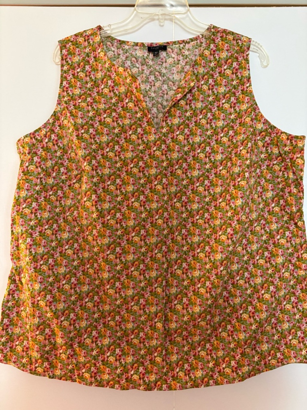 Talbots Floral Sleeveless Split-Neck Top - Green, Pink